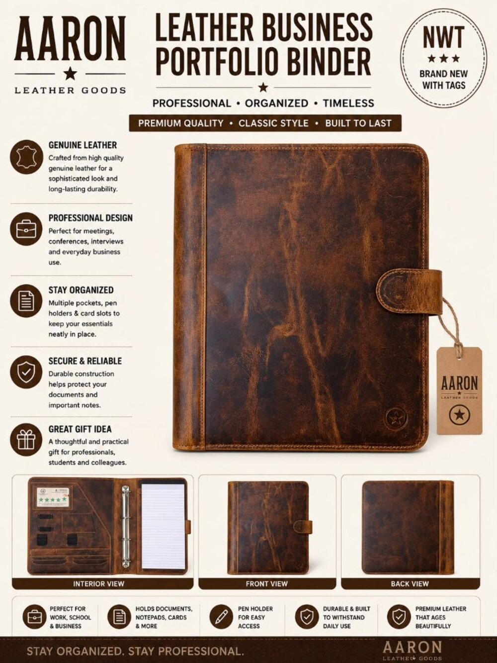 NWT Aaron Leather Goods Leather Business Portfolio With Binder Tan